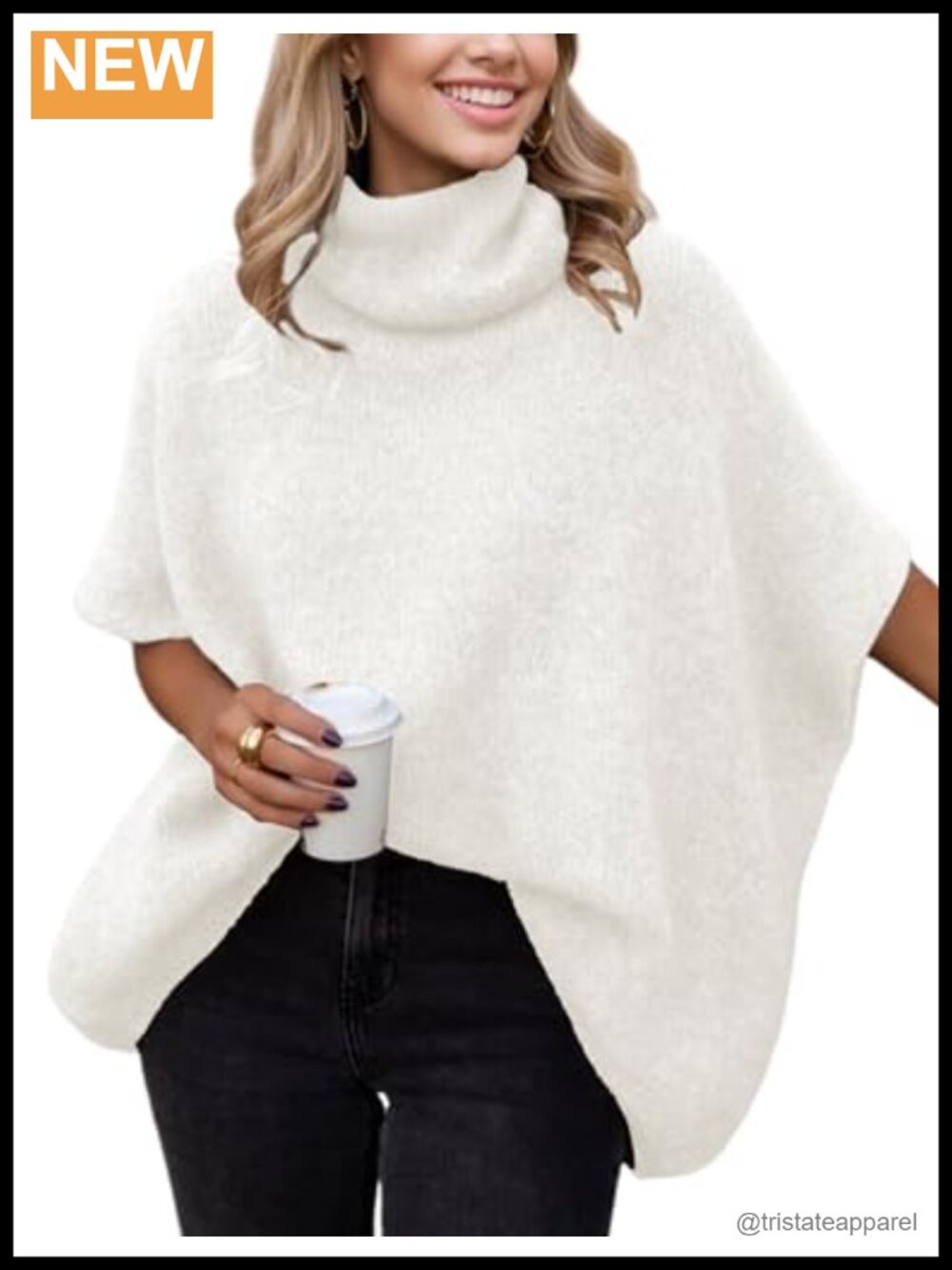 Oversized Chunky Cashmere Blend Turtleneck Sweater, Batwing Sleeve Pullover